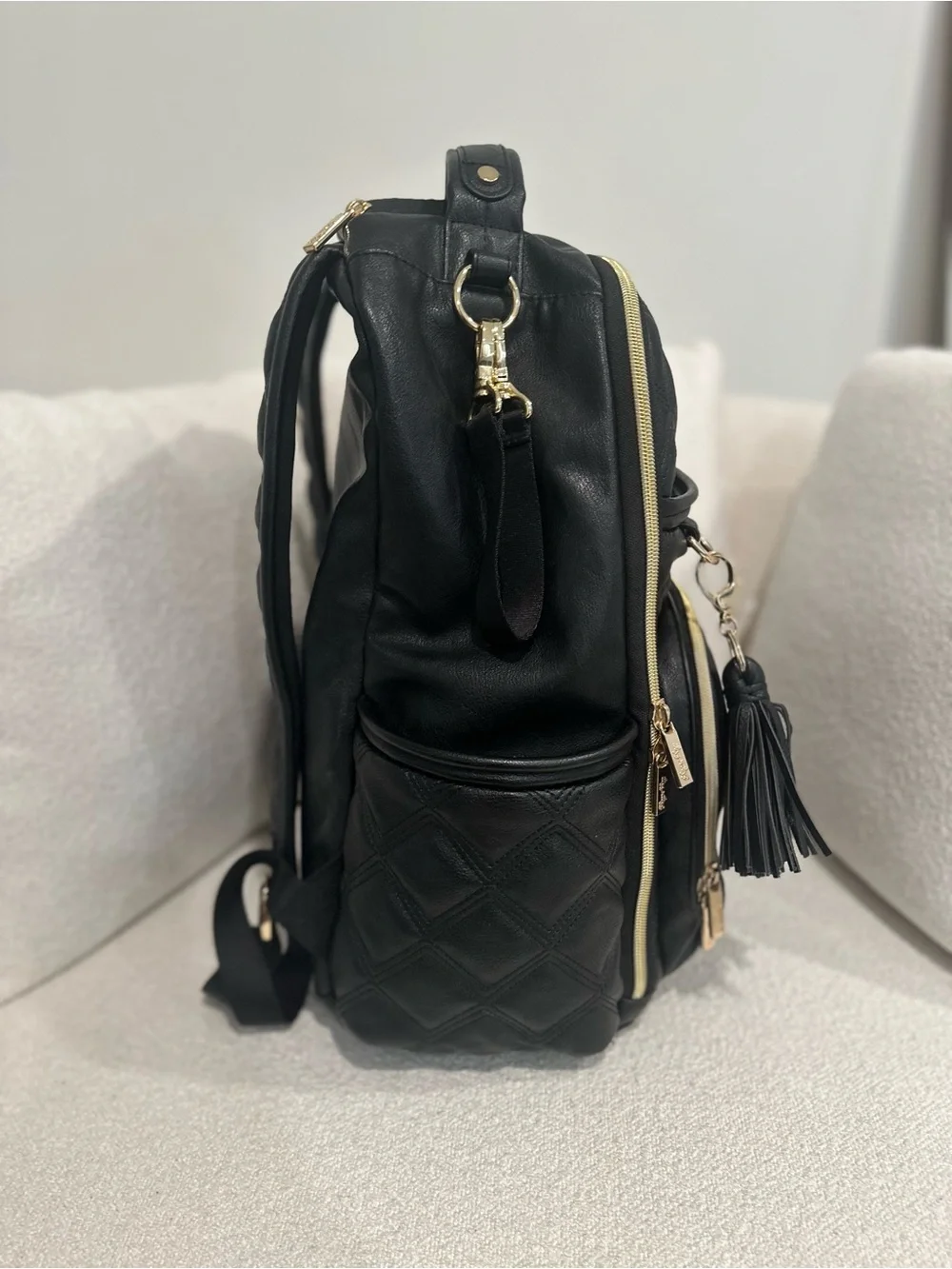Itzy Ritzy Boss Black Quilted Diaper Bag Backpack Gold Hardware